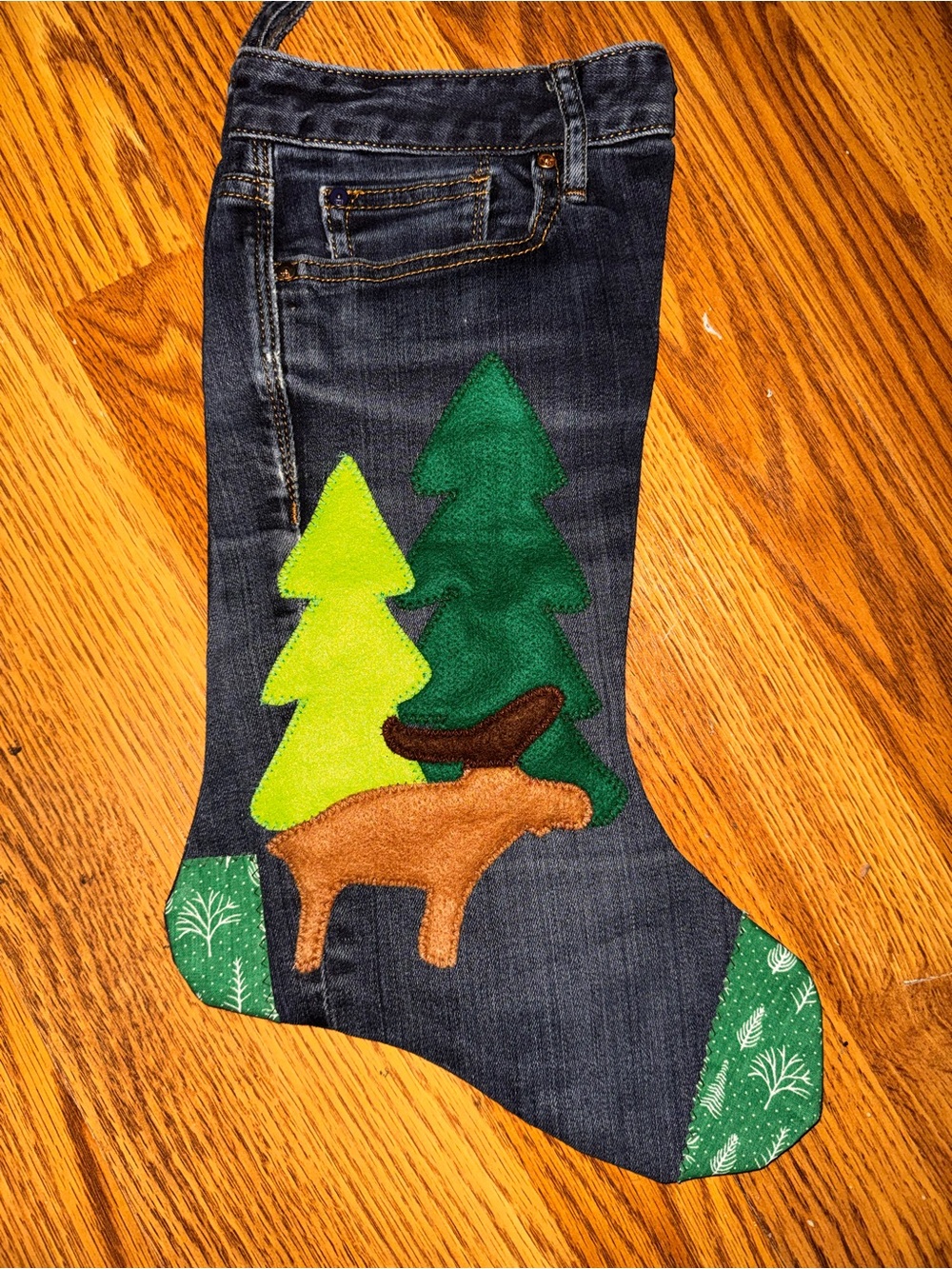 Denim handmade Christmas stocking green brown denim